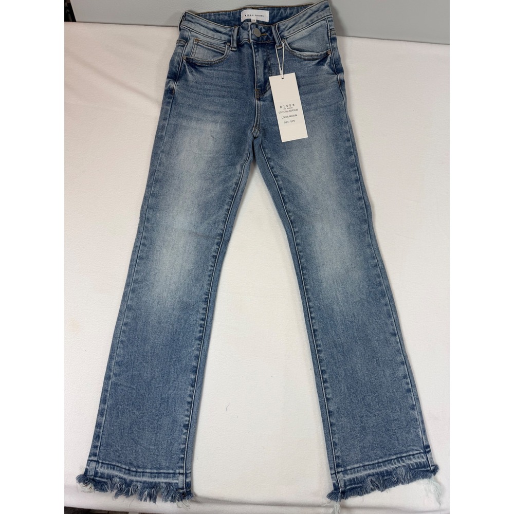 Risen Jeans Straight Leg Women 1/25 Blue Frayed Hem RDP5636 Boho Festival Denim